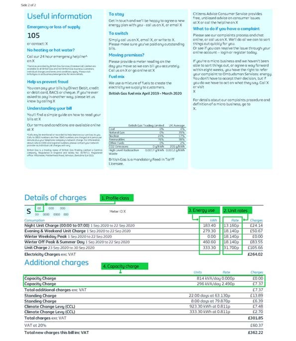 Half-hourly metered bill back view, understanding your bill, British Gas business